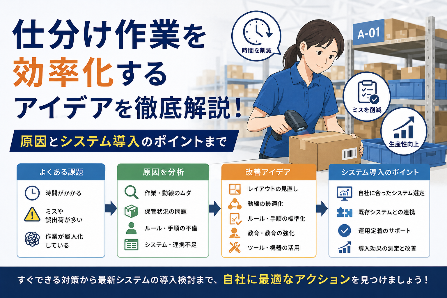 仕分け作業を効率化するアイデアを徹底解説！原因とシステム導入のポイントまで