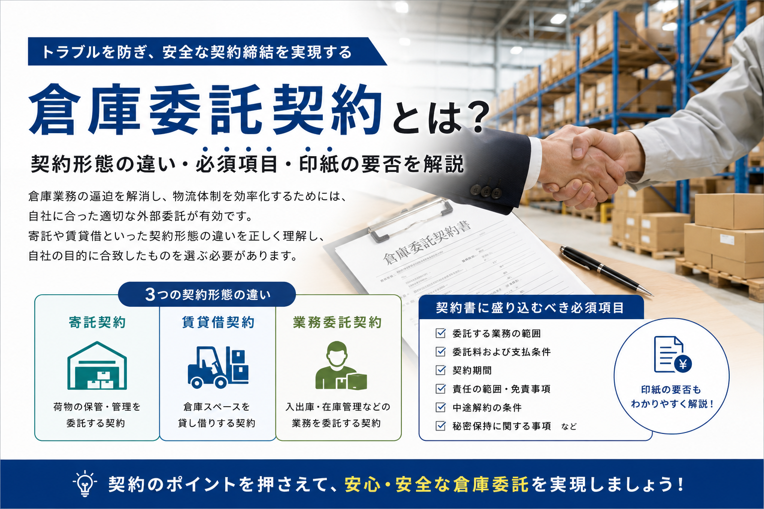 倉庫委託契約のポイントは？3つの契約形態や印紙の要否を解説